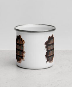 Cracked Stone Wall & Bookshelf Enamel Mug – Hidden Library Design