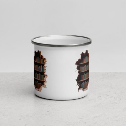Cracked Stone Wall & Bookshelf Enamel Mug – Hidden Library Design