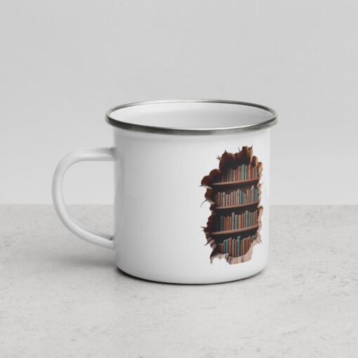 Cracked Stone Wall & Bookshelf Enamel Mug – Hidden Library Design - Image 3