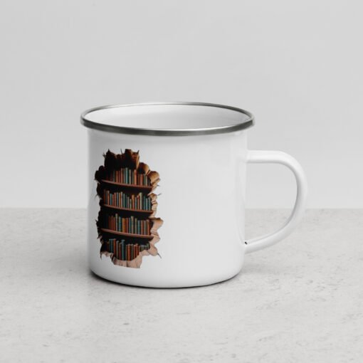 Cracked Stone Wall & Bookshelf Enamel Mug – Hidden Library Design - Image 2
